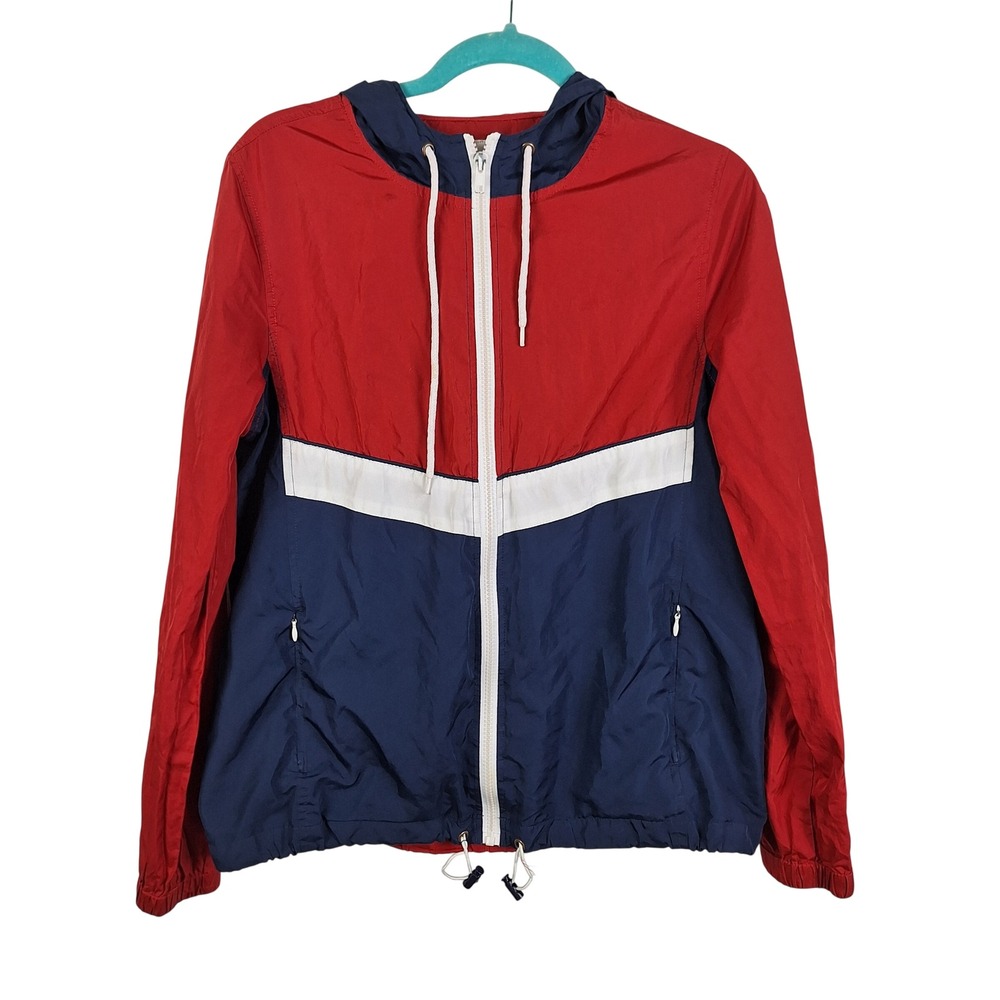 Zine Windbreaker Jacket Mens Large Red White Blue Colorblock Full Zip Hooded